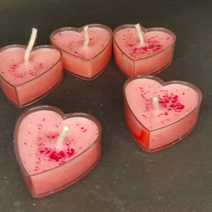 Pack of 5 Transparent Heart Candles in a beautiful red-pinkish hue with striking red patches