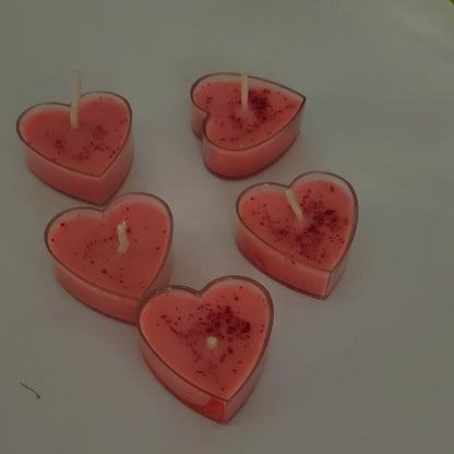 Pack of 5 Transparent Heart Candles in a beautiful red-pinkish hue with striking red patches