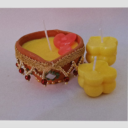 Hand Made Diya With Pair of 2 Small Yellow Bubbles aroma Candles