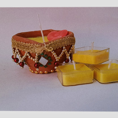 Hand Made Diya With 3set of Transparent Scented Candles