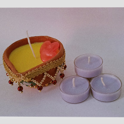 Hand Made Diya with 3 pair of circular Candles